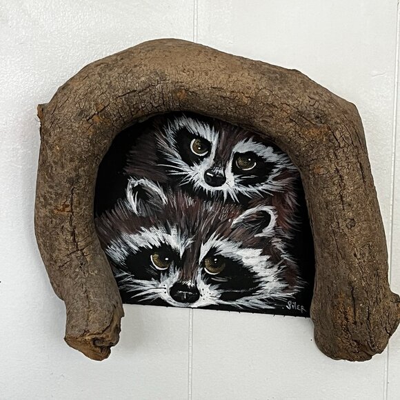 Rustic Hand Painted Raccoon Folk Art Wood Branch Frame Dimensional signed - Picture 2 of 13